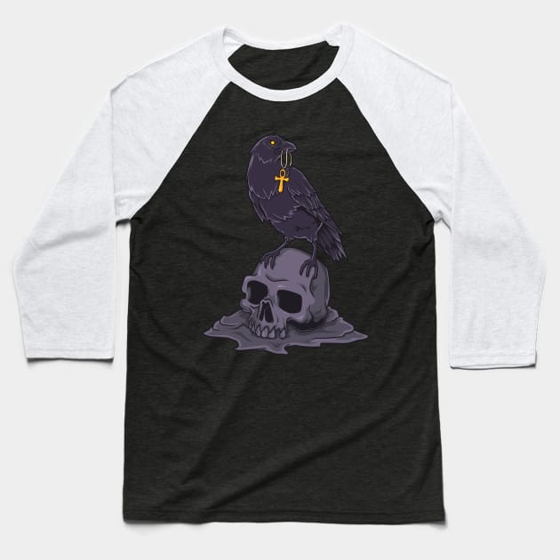 Gothic crow with ankh on skull - Goth Baseball T-Shirt by Modern Medieval Design